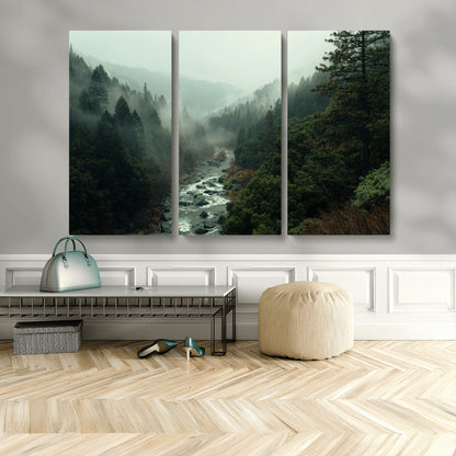 48497565-MGV-CV-48X32-3P-Misty Forest Wall Art Canvas Print, Framed Foggy River Art Picture Print, Moody Landscape Perfect Moody Wilderness Decor Artwork
