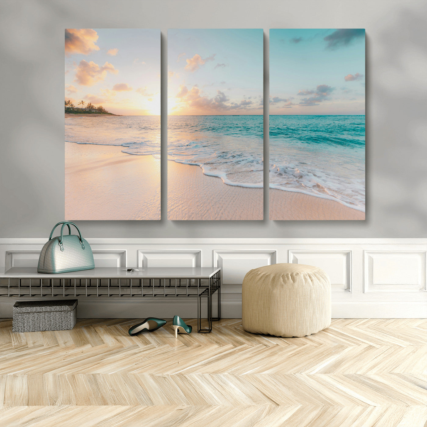 94538225-MGV-CV-48X32-3P-Beach Sunset Wall Art Canvas Print, Framed Ocean Waves Art Picture Print, Summer Escape Perfect Coastal Serenity Decor Artwork