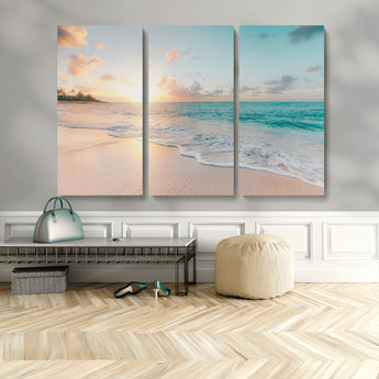 94538225-MGV-CV-48X32-3P-Beach Sunset Wall Art Canvas Print, Framed Ocean Waves Art Picture Print, Summer Escape Perfect Coastal Serenity Decor Artwork