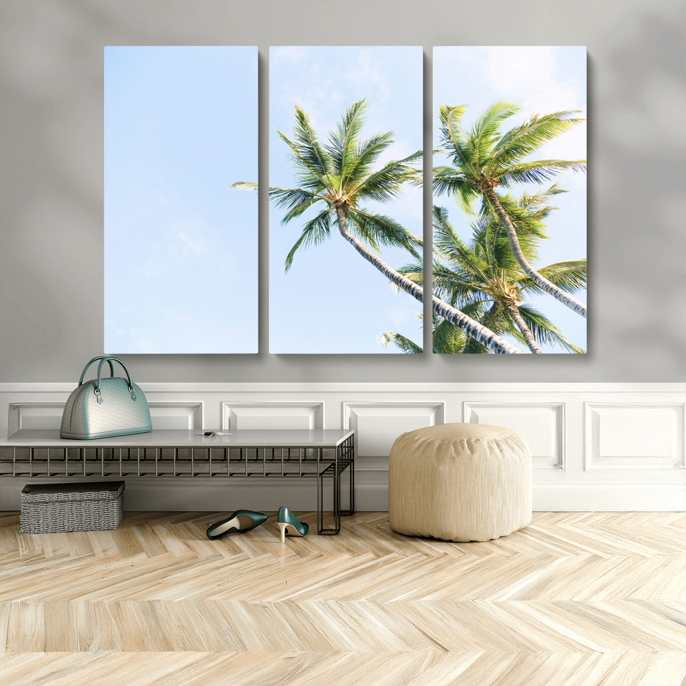 54719115-MGV-CV-48X32-3P-Palm Trees Wall Art Canvas Print, Framed Tropical Aesthetic Art Picture Print, Coastal Serenity Perfect Tropical Minimalist Decor