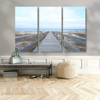 31602988-MGV-CV-48X32-3P-Beach Boardwalk Wall Art Canvas Print, Framed Coastal Serenity Art Picture Print, Ocean View Perfect Coastal Minimalist Decor