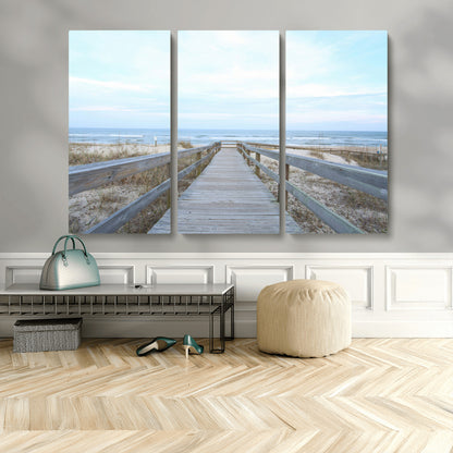 31602988-MGV-CV-48X32-3P-Beach Boardwalk Wall Art Canvas Print, Framed Coastal Serenity Art Picture Print, Ocean View Perfect Coastal Minimalist Decor