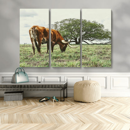 91866234-MGV-CV-48X32-3P-Texas Longhorn Wall Art Canvas Print, Framed Rustic Ranch Art Picture Print, Western Cattle Perfect Rustic Farmhouse Decor Artwork