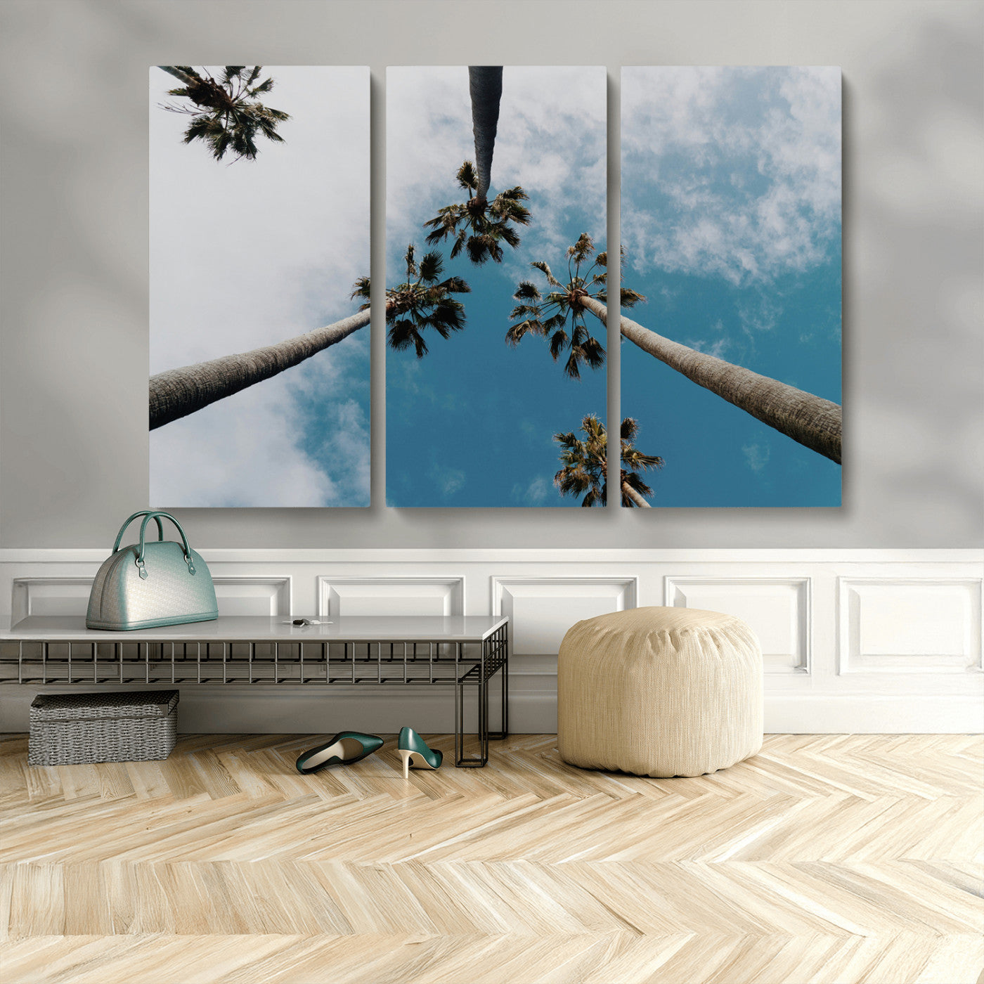 45236398-MGV-CV-48X32-3P-Tropical Palm Trees Wall Art Canvas Print, Framed California Sky Art Picture Print, Minimalist Nature Perfect Coastal Minimalist