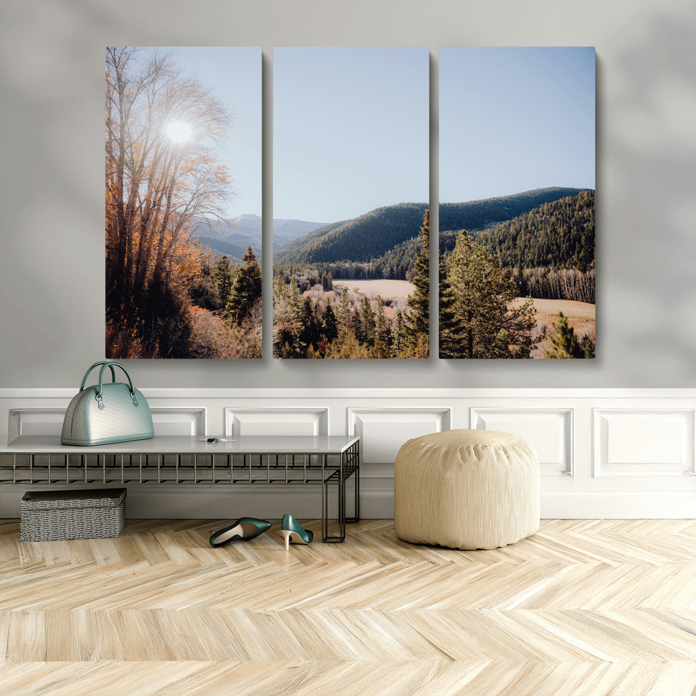 52941305-MGV-CV-48X32-3P-Rustic Landscape Wall Art Canvas Print, Framed Serene Valley Art Picture Print, Pine Tree Horizon Perfect Rustic Cabin Decor