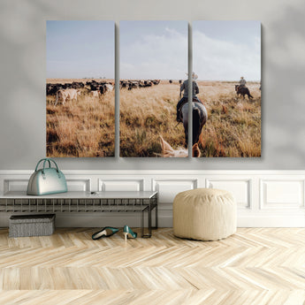 22431577-MGV-CV-48X32-3P-Western Wall Art Wall Art Canvas Print, Framed Cowboy Canvas Art Picture Print, Cattle Drive Scene Perfect Rustic Western Decor