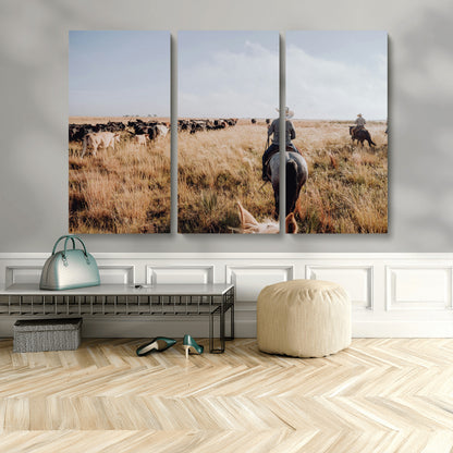 22431577-MGV-CV-48X32-3P-Western Wall Art Wall Art Canvas Print, Framed Cowboy Canvas Art Picture Print, Cattle Drive Scene Perfect Rustic Western Decor