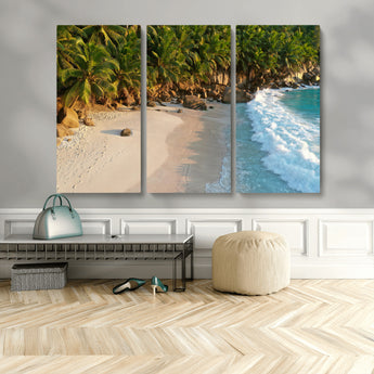 82312665-MGV-CV-48X32-3P-Tropical Beach Wall Art Canvas Print, Framed Ocean Waves Art Picture Print, Palm Trees Perfect Coastal Minimalist Decor Artwork