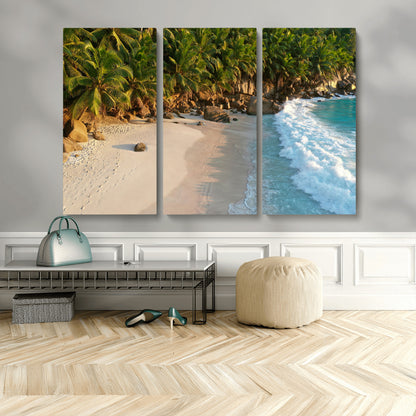 82312665-MGV-CV-48X32-3P-Tropical Beach Wall Art Canvas Print, Framed Ocean Waves Art Picture Print, Palm Trees Perfect Coastal Minimalist Decor Artwork