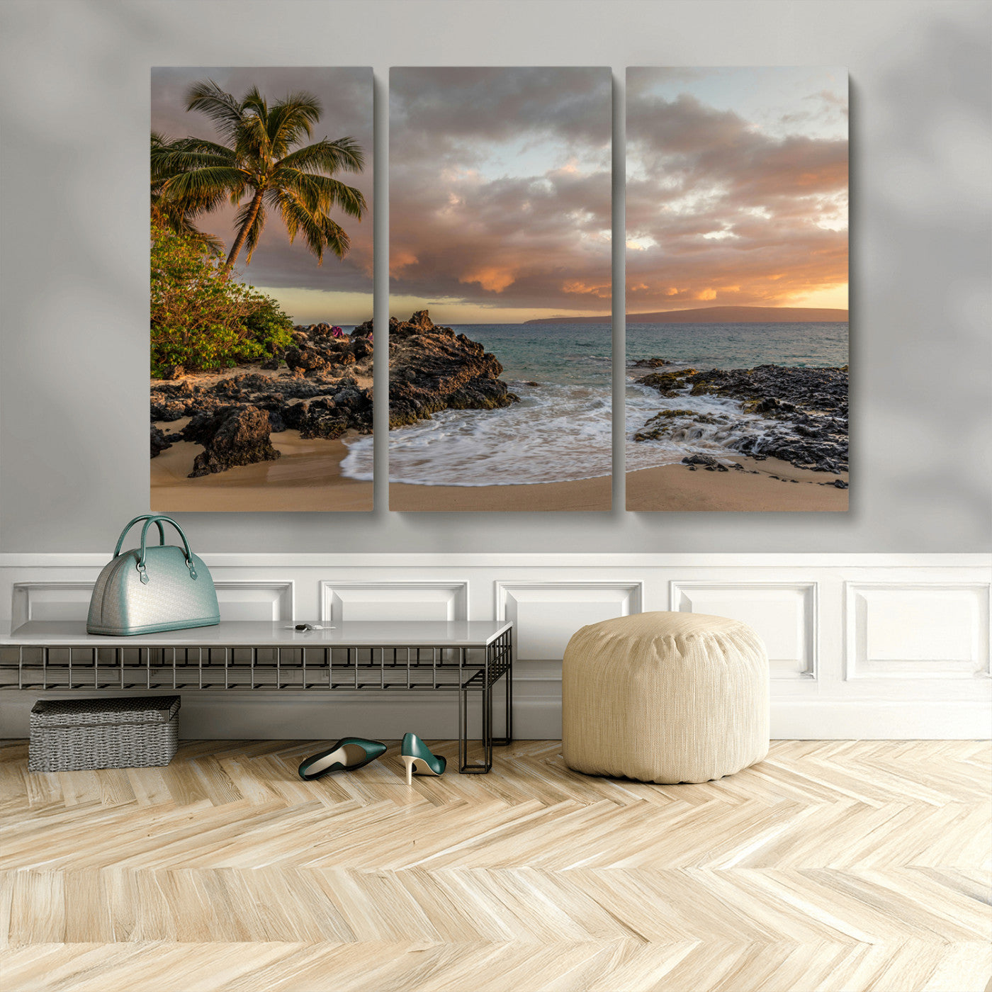 55108220-MGV-CV-36X24-Tropical Beach Wall Art Canvas Print, Framed Hawaiian Sunset Art Picture Print, Ocean Waves Perfect Coastal Tropical Decor Artwork