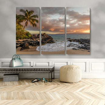 55108220-MGV-CV-36X24-Tropical Beach Wall Art Canvas Print, Framed Hawaiian Sunset Art Picture Print, Ocean Waves Perfect Coastal Tropical Decor Artwork