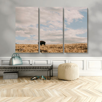 22754563-MGV-CV-36X24-Earthy Tones Wall Art Canvas Print, Framed Rustic Nature Art Picture Print, Solitary Buffalo Perfect Western Minimalist Decor