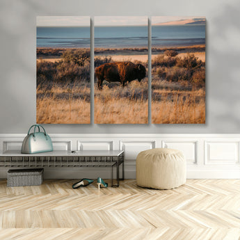 39509187-MGV-CV-36X24-Western Wildlife Wall Art Canvas Print, Framed Bison Art Picture Print, Golden Hour Perfect Western Rustic Decor Artwork