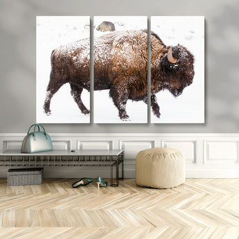 94261165-MGV-CV-36X24-Snowy Buffalo Wall Art Canvas Print, Framed Wildlife Photography Art Picture Print, Brown Tones Perfect Rustic Lodge Decor Decor