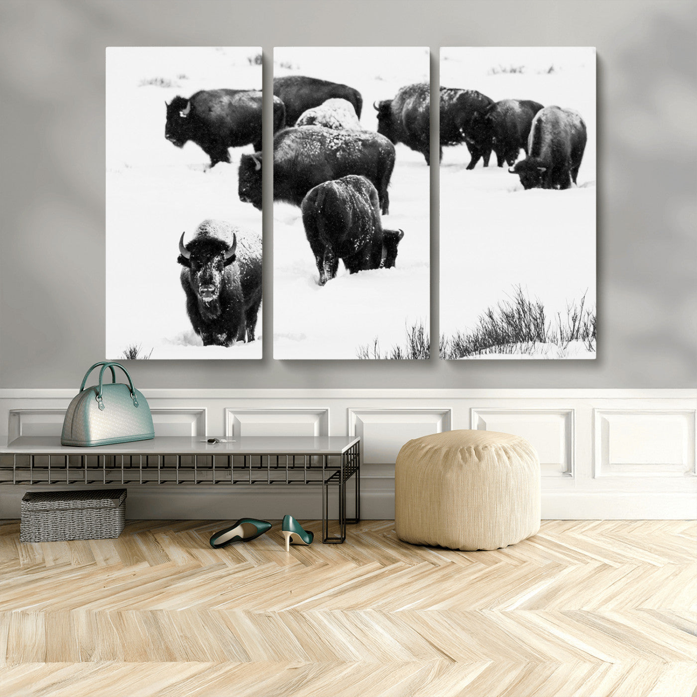 18914414-MGV-CV-36X24-Buffalo Herd Wall Art Canvas Print, Framed Black and White Art Picture Print, Snowy Landscape Perfect Rustic Lodge Decor Decor