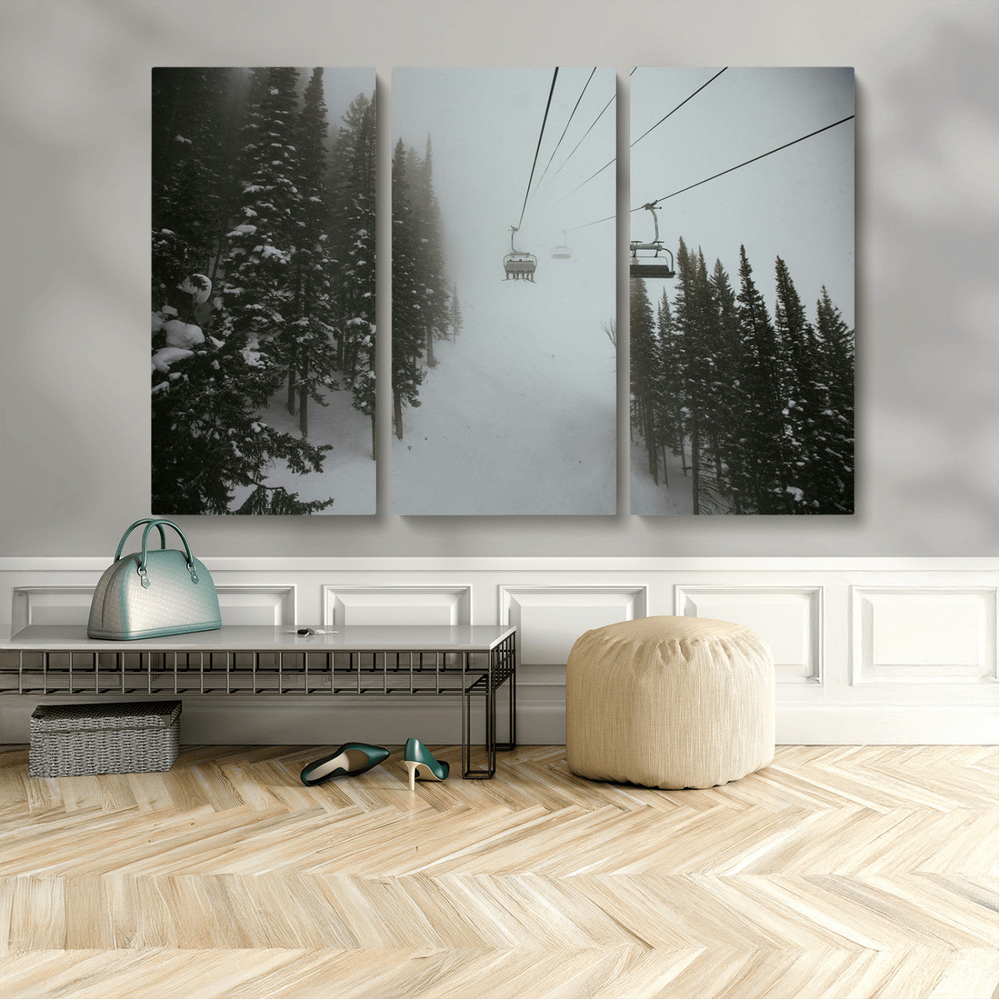 87018452-MGV-CV-36X24-Ski Lift Wall Art Canvas Print, Framed Snowy Pines Art Picture Print, Misty Landscape Perfect Winter Serenity Decor Artwork