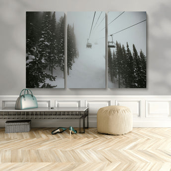87018452-MGV-CV-36X24-Ski Lift Wall Art Canvas Print, Framed Snowy Pines Art Picture Print, Misty Landscape Perfect Winter Serenity Decor Artwork