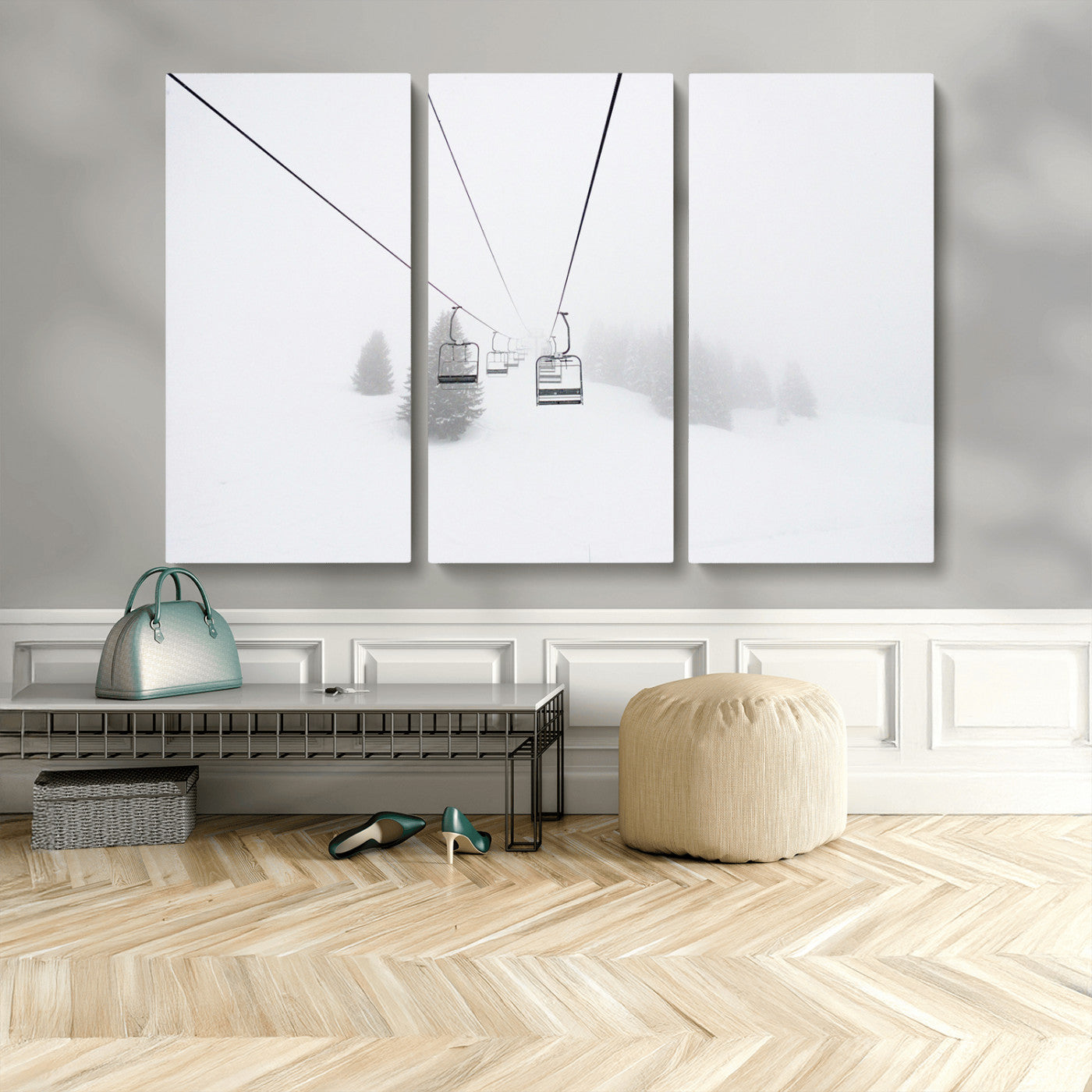 20216390-MGV-CV-36X24-Ski Lift Wall Art Canvas Print, Framed Snowy Landscape Art Picture Print, Alpine Adventure Perfect Nordic Minimalist Decor Artwork