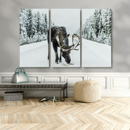 13316292-MGV-CV-36X24-Moose in Snow Wall Art Canvas Print, Framed Winter Wildlife Art Picture Print, Snowy Forest Scene Perfect Rustic Lodge Decor