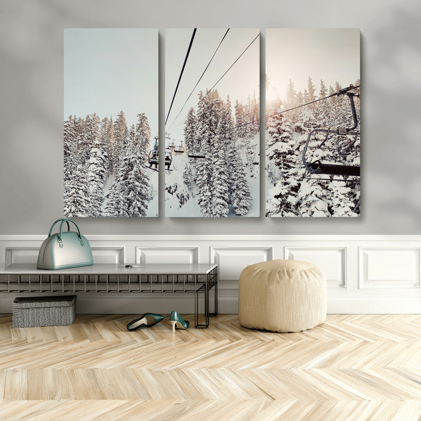 91534512-MGV-CV-36X24-Frosty Pines Wall Art Canvas Print, Framed Cozy Cabin View Art Picture Print, Ski Lift Ride Perfect Rustic Lodge Decor Artwork