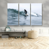 11693607-MGV-CV-48X32-3P-Surfer on Wave Wall Art Canvas Print, Framed Ocean Adventure Art Picture Print, Motion Blur Water Perfect Coastal Adventure Decor