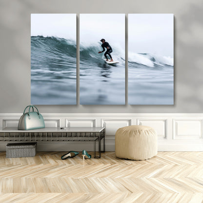 11693607-MGV-CV-48X32-3P-Surfer on Wave Wall Art Canvas Print, Framed Ocean Adventure Art Picture Print, Motion Blur Water Perfect Coastal Adventure Decor