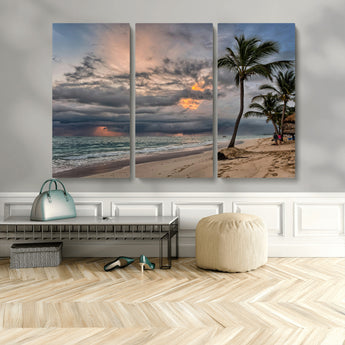 62574547-MGV-CV-48X32-3P-Tropical Storm Wall Art Canvas Print, Framed Moody Beach Art Picture Print, Dramatic Sky Perfect Tropical Coastal Decor Artwork