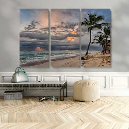 62574547-MGV-CV-48X32-3P-Tropical Storm Wall Art Canvas Print, Framed Moody Beach Art Picture Print, Dramatic Sky Perfect Tropical Coastal Decor Artwork
