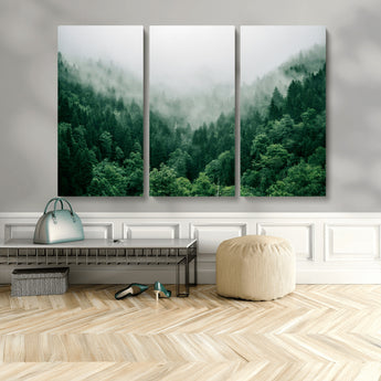 45265379-MGV-CV-48X32-3P-Misty Forest Wall Art – Green Mountain Pine Tree Landscape Canvas Print, Nature Photography Artwork Home Decor for Bedroom, Living