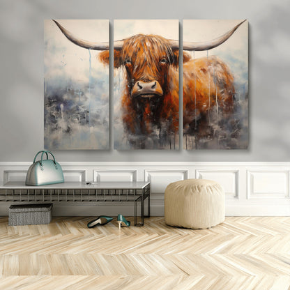 X61001-MGV-CV-48X32-3P-Scottish Highland Wall Art Canvas Print, Framed Longhorn Art Picture Print, Western Cow Perfect Farmhouse Decor Artwork