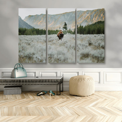 41674074-MGV-CV-48X32-3P-Bison Wall Art – American Buffalo Wildlife Photography Canvas Print, Western Mountain Landscape Artwork Rustic Nature Decor for