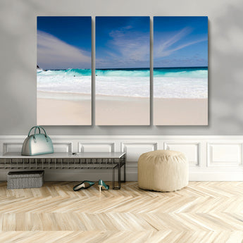 55017356-MGV-CV-48X32-3P-Ocean Beach Wall Art – Turquoise Wave and White Sand Shoreline Canvas Print, Coastal Seascape Photography Decor for Living Room,