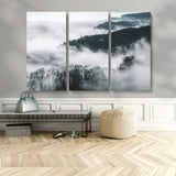 67569654-MGV-CV-48X32-3P-Foggy Forest Wall Art – Mist Covered Hills and Trees Landscape Canvas Print, Moody Nature Photography Decor for Living Room,