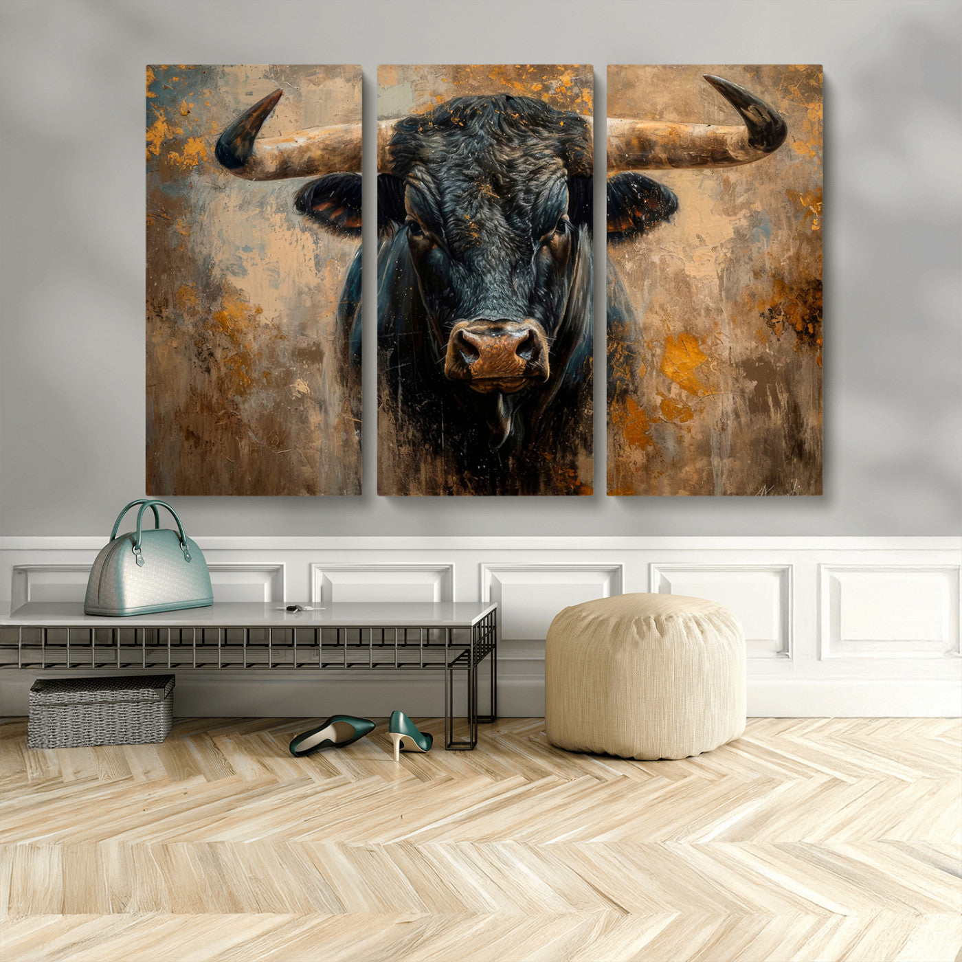 91615410-MGV-CV-48X32-3P-Bull Wall Art – Rustic Western Longhorn Canvas Print, Powerful Abstract Animal Painting, Farmhouse Ranch Decor for Living Room,