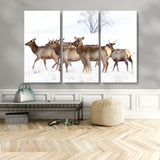 41416314-MGV-CV-48X32-3P-Elk Wall Art – Wildlife Herd Canvas Print in Snowy Landscape, Rustic Nature Painting, Western Cabin Lodge Decor for Living Room,