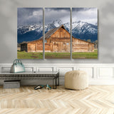 15173627-MGV-CV-48X32-3P-Barn Wall Art – Rustic Wooden Cabin Canvas Print with Snowy Mountain Landscape, Western Farmhouse Country Decor for Living Room,