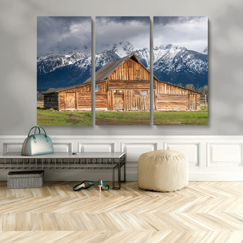 15173627-MGV-CV-48X32-3P-Barn Wall Art – Rustic Wooden Cabin Canvas Print with Snowy Mountain Landscape, Western Farmhouse Country Decor for Living Room,
