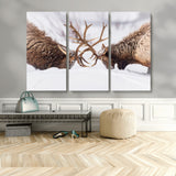 99240306-MGV-CV-48X32-3P-Elk Wall Art – Two Bull Elk Fighting in Snow Canvas Print, Rustic Wildlife Artwork for Cabin, Lodge, Western Farmhouse, Nature &