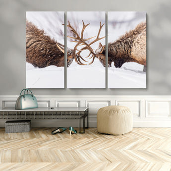 99240306-MGV-CV-48X32-3P-Elk Wall Art – Two Bull Elk Fighting in Snow Canvas Print, Rustic Wildlife Artwork for Cabin, Lodge, Western Farmhouse, Nature &