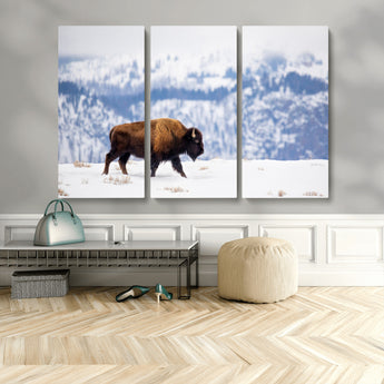 21623194-MGV-CV-48X32-3P-Snow Bison Wall Art – Majestic Buffalo Wildlife Canvas Print, Winter Nature Décor for Rustic Living Room, Farmhouse, Cabin, Lodge