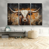 25265572-MGV-CV-48X32-3P-Longhorn Bull Wall Art – Rustic Western Texas Steer Canvas Print, Textured Animal Painting for Home, Office, Man Cave or Farmhouse