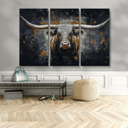 93195031-MGV-CV-48X32-3P-Dark Longhorn Bull Wall Art – Western Steer Canvas Print, Moody Rustic Animal Painting for Man Cave, Ranch House, Office or Modern
