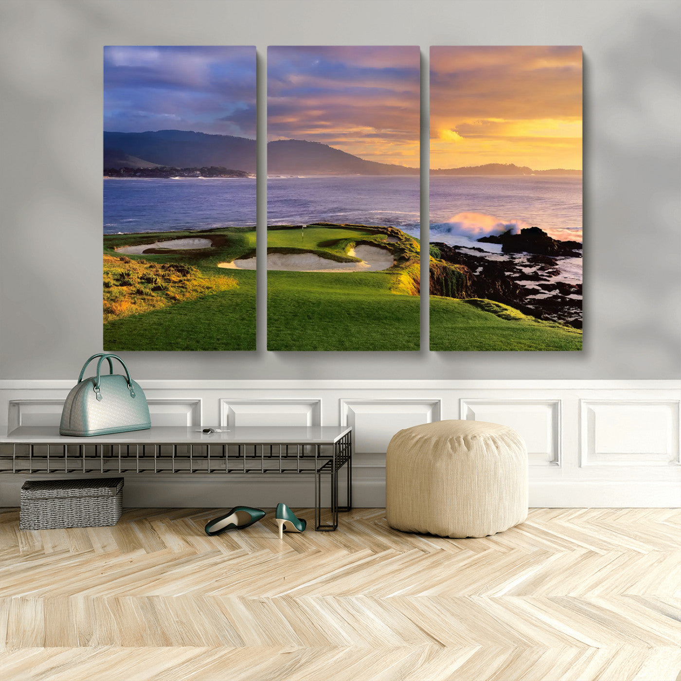 39644075-MGV-CV-48X32-3P-Golf Course Wall Art – Coastal Sunset Canvas Print, Scenic Oceanfront Fairway Landscape Decor for Office, Man Cave, or Living Room