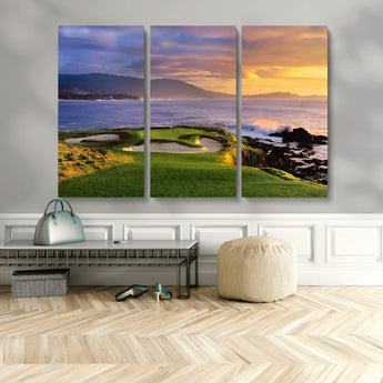 39644075-MGV-CV-48X32-3P-Golf Course Wall Art – Coastal Sunset Canvas Print, Scenic Oceanfront Fairway Landscape Decor for Office, Man Cave, or Living Room
