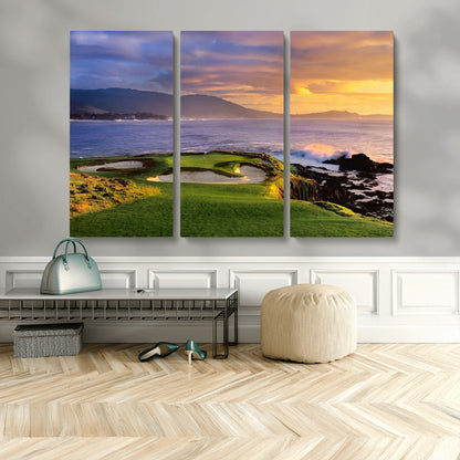 39644075-MGV-CV-48X32-3P-Golf Course Wall Art – Coastal Sunset Canvas Print, Scenic Oceanfront Fairway Landscape Decor for Office, Man Cave, or Living Room