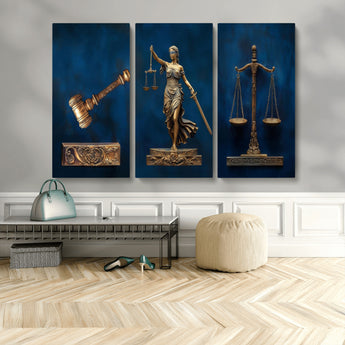 91629053-MGV-CV-48X32-3P-Lady Justice Wall Art – Golden Gavel and Scales Canvas Print, Elegant Legal Office Decor for Lawyers, Judges, Courtroom or Study