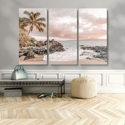 14214613-MGV-CV-48X32-3P-Tropical Beach Wall Art – Palm Tree and Ocean Sunset Canvas Print, Relaxing Coastal Landscape Decor for Living Room, Bedroom, or