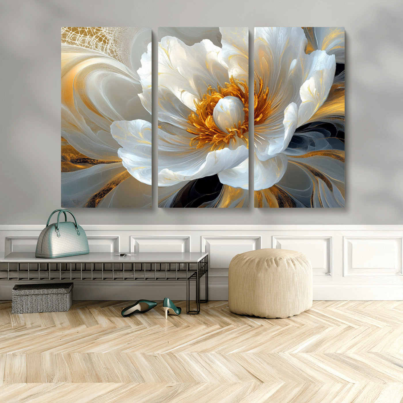 39604126-MGV-CV-48X32-3P-Abstract Flower Wall Art – Elegant White and Gold Bloom Canvas Print, Modern Floral Artwork for Bedroom, Living Room, or Office