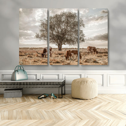 87590224-MGV-CV-48X32-3P-Longhorn Cattle Wall Art – Rustic Western Landscape Canvas Print, Texas Farmhouse Prairie Scene for Living Room, Office, or Ranch