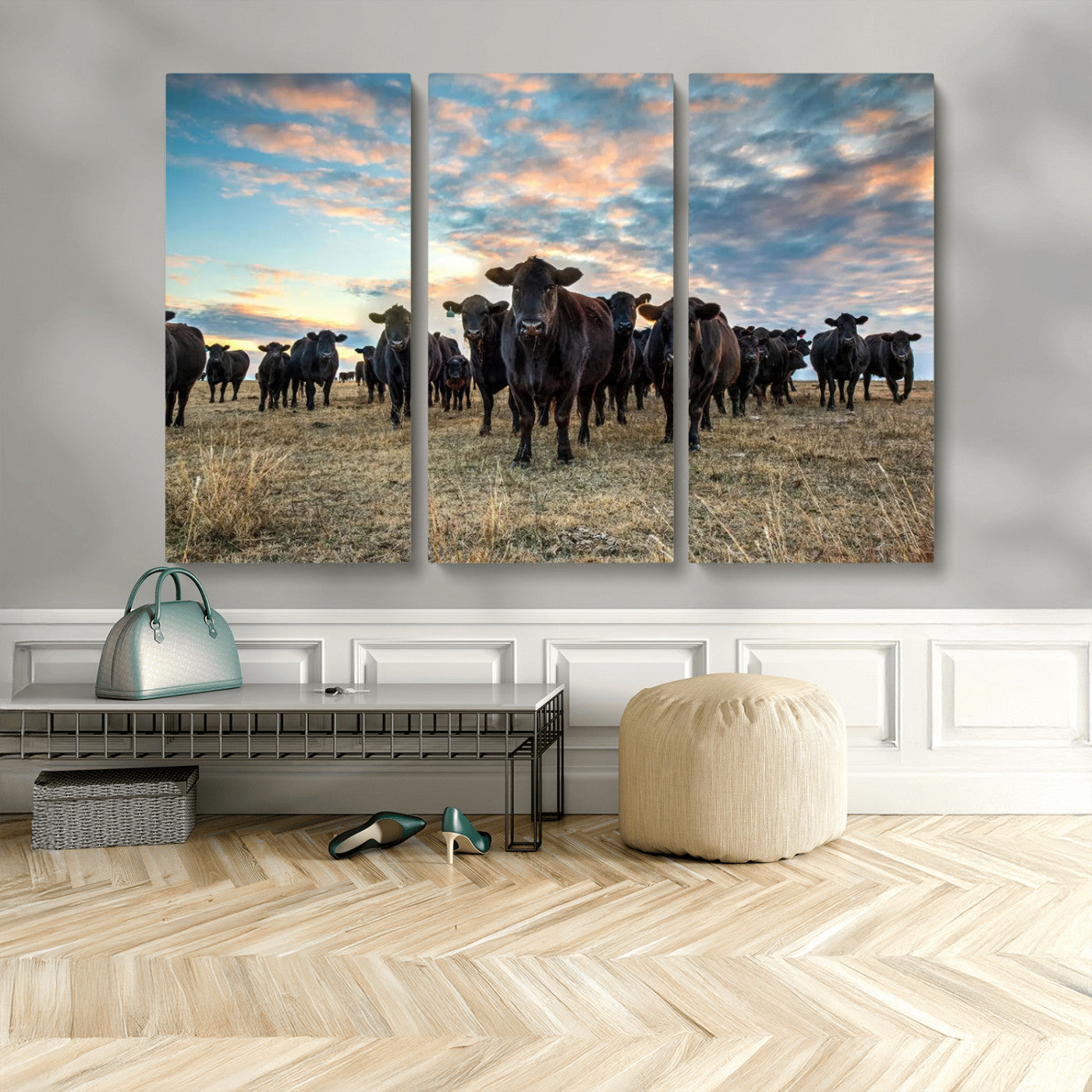 13867292-MGV-CV-48X32-3P-Black Cattle Wall Art – Rustic Ranch Herd Canvas Print, Western Farmhouse Country Landscape Decor for Living Room, Office, or